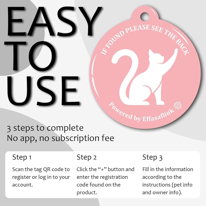 Effasaflink RFID 134.2Khz & QR Code Pet ID Tag, Collar Tag, Dual Function - Scan QR for Helping Lost Pets Go Home, Replace RFID Microchip for Smart Auto Pet Door and Feeder (Pink-Cat) - Image 5